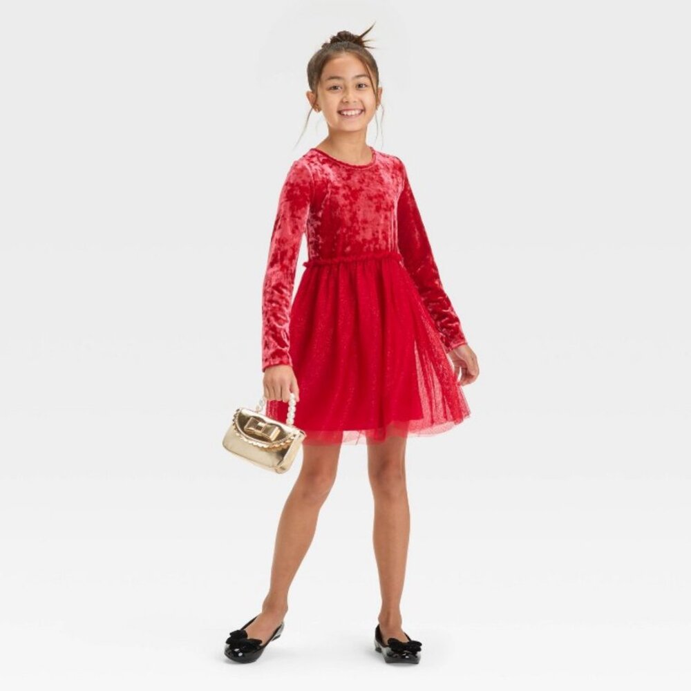 Long Sleeve Velour Tulle Red Velvet Girl's  Holiday Dress-Cat & Jack XS